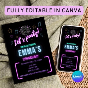 13th Birthday Invitation Girl Neon Light Digital Invite 13th Birthday Girl Neon Glow Party Editable Canva Template Lets Party Invite