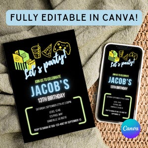 13. Geburtstag 13. Geburtstags-Einladungs-Digital Invite Neon 13. Geburtstag 13. Geburtstag Junge Teen Boy Invite Offical Teenager Canva Template