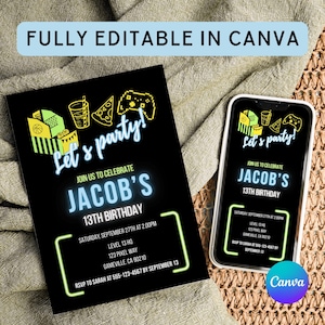 13th Birthday 13th Birthday Invitation Digital Invite Neon 13th Birthday 13th Birthday Boy Teen Boy Invite Offical Teenager Canva Template