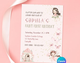 Fairy First Birthday Invitation Girl Fairy 1st Birthday Invite Enchanted Garden Fairy Birthday Girl 1st Birthday Editable Canva Template