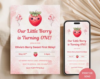 Berry eerste verjaardagsuitnodiging Berry 1e verjaardag aardbei 1e verjaardag uitnodigen afdrukbare uitnodiging Evite Girls 1e verjaardagsuitnodiging