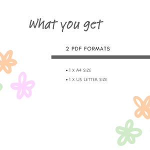 K&ouml;nnte beinhalten: Ein wei&szlig;er Hintergrund mit dem Text "What you get" und "2 PDF Formats" in Schwarz. Unter dem Text stehen zwei Aufz&auml;hlungszeichen: "1 X A4 SIZE" und "1 X US LETTER SIZE". Der Hintergrund ist mit pastellfarbenen Blumen verziert.