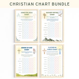 May include: A bundle of four framed Christian charts with wooden frames. Each chart features a different theme, including "Shine for Jesus," "Blessed Virtues," "Armor of God," and "Clothed in Christ." The charts have colorful boxes for tracking progress.