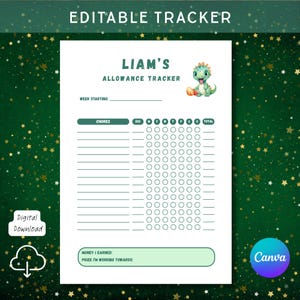 Peut inclure: Un suivi de l'allocation imprimable avec le texte "LIAM'S ALLOWANCE TRACKER" et une illustration de dinosaure de dessin animé. Le suivi comprend des sections pour les tâches, l'argent gagné et un objectif de prix. Le texte "Digital Download" est également visible.
