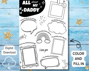 All About My Daddy Fill In the Blank Worksheet Father's Day Activity Printable Father's Day Coloring Page Kids Gift For Dad All About My Dad