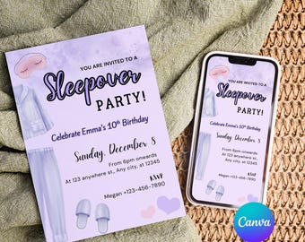 Invitación para fiesta de pijamas de cumpleaños infantil (descarga digital editable en Canva)