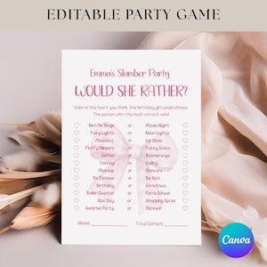 Op de afbeelding: Een afdrukbaar partyspel getiteld "Emma's Slumber Party WOULD SHE RATHER?" met invulvelden voor naam en totaal correct. Het spel bevat een lijst met keuzes zoals Netflix Binge of Movie Night. Het Canva-logo staat rechtsonder.