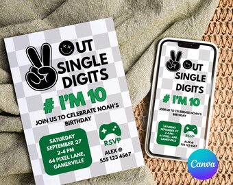 Editable 10th Birthday Boy Invitation 10th Boy Birthday Invites Double Digits Birthday Party Boy's Checkered Smile Face Invite Peace Out