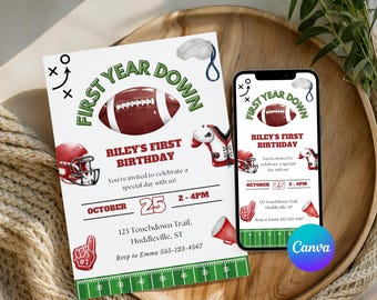 First Year Down Invitation First Year Down Birthday First Down Birthday Football Birthday Invitation First Birthday Invite Boy 1st Birthday