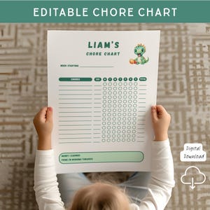 May include: A white chore chart with the text "EDITABLE CHORE CHART" at the top. The chart is labeled "LIAM'S CHORE CHART" and features a green dinosaur graphic. The chart includes spaces for chores, a money earned section, and a prize section. Digital download.