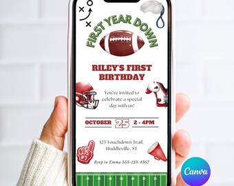 Invitation numérique de football Première année vers le bas Invitation premier anniversaire Eviter Football Sports Party Smartphone Invitation électronique Téléchargement instantané
