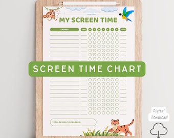 Schermtijdgrafiek Verdien schermtijd Afdrukbare checklist schermtijd Jungle beloningsschema Peuterklusjesschema Gedragsschema Thuisschoolplanner