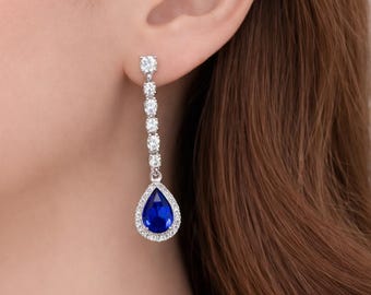 Orecchini pendenti in cristallo blu, eleganti orecchini da sera, orecchini a goccia blu zaffiro, regalo di gioielli da sposa per lei