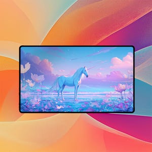 May include: A digital art print of a serene landscape featuring a light blue unicorn standing in water, surrounded by flowers. The background showcases a pastel sky with clouds, creating a whimsical and fantasy theme.