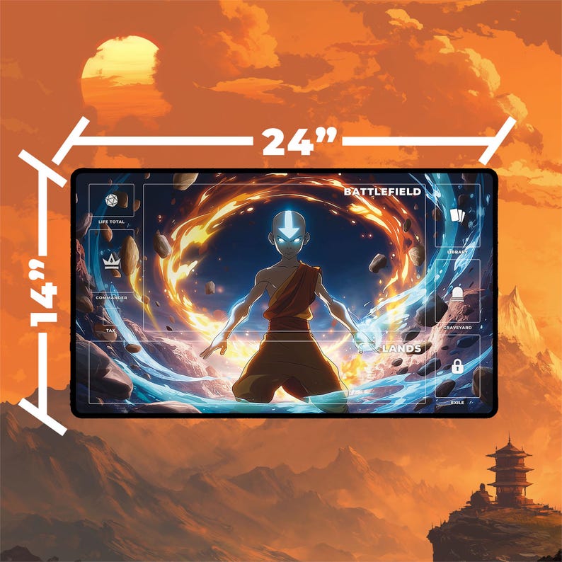 May include: A rectangular playmat, 61 cm long and 36 cm wide, with a colourful illustration of a character surrounded by fire and rocks. The mat has gameplay zones and the word "BATTLEFIELD" is displayed at the top.
