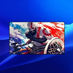 Puede incluir: Alfombrilla de ratón rectangular con una ilustración estilizada de un guerrero con barba, sosteniendo un hacha y un escudo. El fondo tiene pinceladas rojas, blancas y azules. El guerrero tiene marcas rojas en su cuerpo.