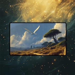 May include: A rectangular art print featuring a white dragon soaring across a blue sky with fluffy white clouds. The landscape below shows rolling hills, a dirt path, and a few trees. The background has a golden, starry effect.