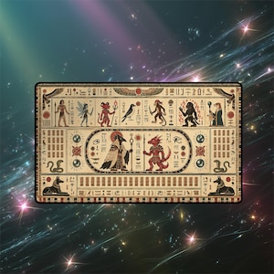 Könnte beinhalten: Eine rechteckige Schreibtischunterlage mit beigem Hintergrund und detaillierten, schwarz-roten Illustrationen im ägyptischen Stil. Das Design zeigt Fabelwesen, Hieroglyphen, geflügelte Sonnenscheiben und zwei Schakale an den unteren Ecken.