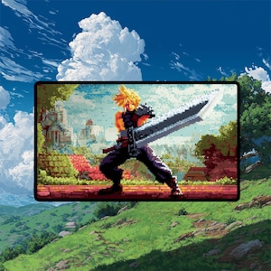 Cloud Ex-SOLDIER Pixel Art Playmat | Final Fantasy Playmatt | Retro Pixel TCG Mat with Zones Option | 24x14 | 22x12 | 32x16 Sizes