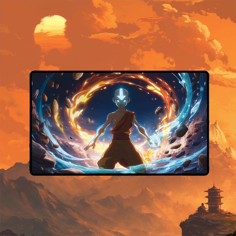 May include: A rectangular mousepad with a colourful illustration of a character from Avatar: The Last Airbender. The character is surrounded by swirling fire and water elements, set against a sunset backdrop.