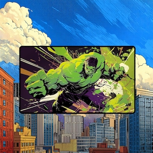 May include: A rectangular wall art print featuring a comic book style illustration of the green-skinned Hulk character in a dynamic punching pose. The character is set against a vibrant city skyline background with blue skies and white clouds.