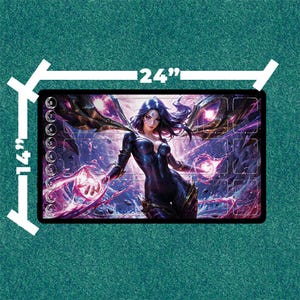 May include: A rectangular playmat featuring a fantasy illustration of a woman with purple hair and glowing orbs. The mat measures 24 inches long and 14 inches wide.