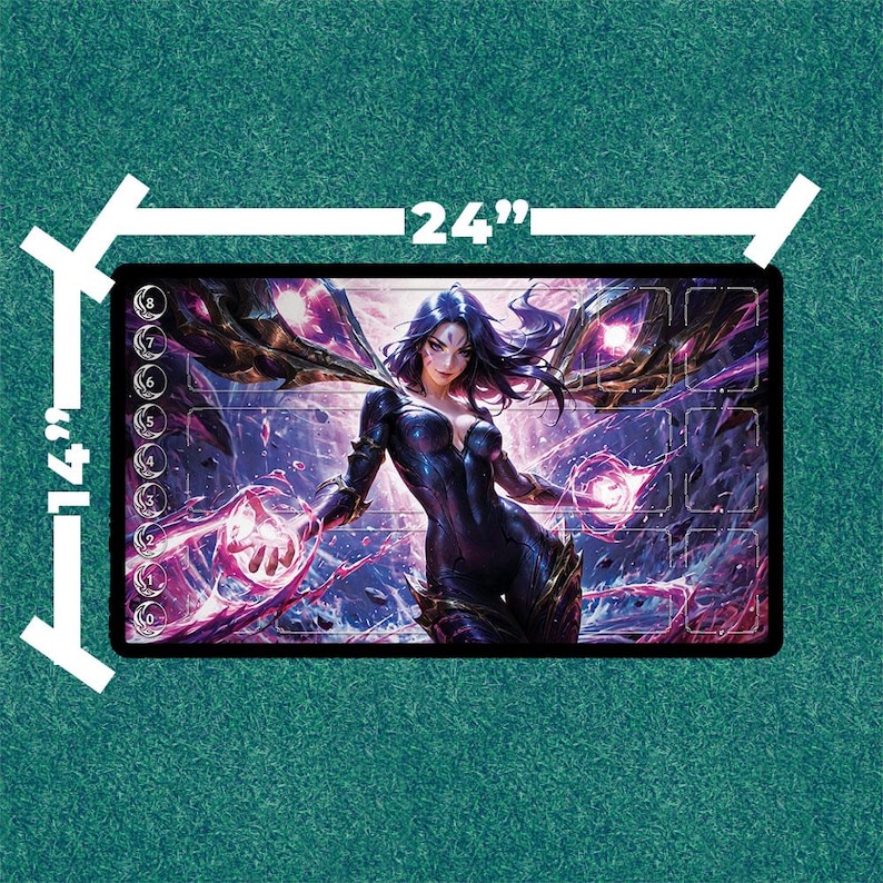 May include: A rectangular playmat featuring a fantasy illustration of a woman with purple hair and glowing orbs. The mat measures 24 inches long and 14 inches wide.