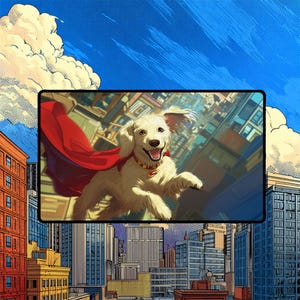 May include: Digital illustration of a cheerful, light-coloured dog wearing a red cape, flying over a city. The dog has a gold collar with a red emblem. The background features tall buildings and a blue sky with clouds.