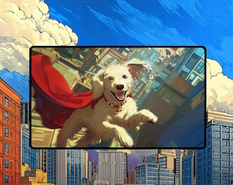 Super Cape Dog Playmat | Metropolis Skyline TCG Desk Mat