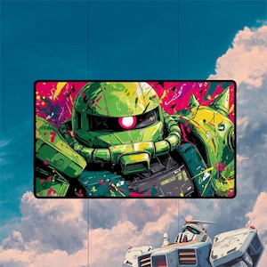 MS-06C Zaku II Gundam TCG Playmat | Classic Mobile Suit Anime Mecha Card Game Mat | Sci-Fi Playmat with Zones Option