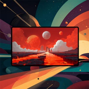 May include: Digital art print showing an alien landscape with a red sky, moons, and a lava river. The artwork is framed in black, set against a colourful cosmic background with planets and arcs. The image evokes a sense of space.