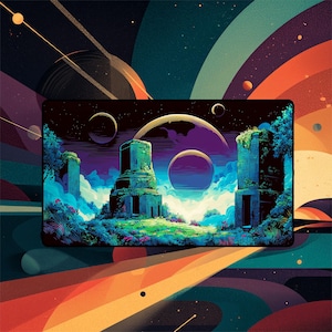 May include: Digital art print depicting a surreal landscape with ancient ruins, planets, and a starry sky. The colour palette includes blues, purples, greens, and oranges. The artwork evokes a sense of mystery and fantasy.