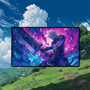 May include: A rectangular mousepad featuring a digital illustration of a character from Final Fantasy. The character, with spiky blonde hair, is holding a large sword against a backdrop of purple and blue energy. The background shows a landscape with a blue sky and clouds.