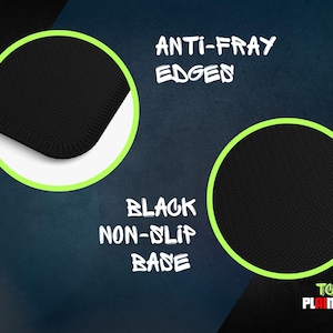 May include: A close-up of a black, textured surface with anti-fray edges and a non-slip base. The image includes text that reads "Anti-Fray Edges" and "Black Non-Slip Base". The product is likely a mat.