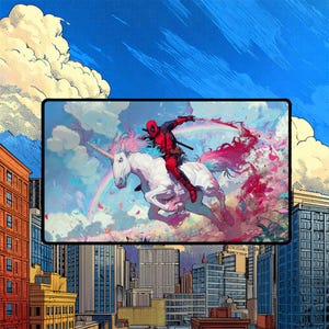 May include: A vibrant illustration of Deadpool riding a white unicorn through a rainbow-filled sky. The comic-style artwork features a cityscape backdrop with colorful buildings and a blue sky with clouds.