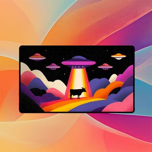 May include: A rectangular graphic featuring a black cow standing on a rainbow-colored landscape under a beam of light from a UFO. Several other UFOs are in the night sky above colorful hills. The image has a retro, cartoonish style.