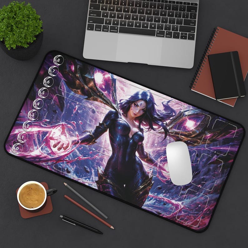 May include: A rectangular mousepad featuring a fantasy character with purple hair and a dark outfit, set against a background of purple and blue hues. The mousepad has a black border and a series of numbered circles along the left edge.