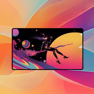 May include: A digital art print featuring a witch riding a broom through space. The witch is dressed in black with a pointed hat, set against a backdrop of planets and a vibrant sunset. The artwork uses a bold color palette of pink, orange, and purple.