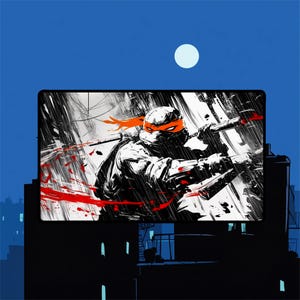 May include: A digital art print featuring a Teenage Mutant Ninja Turtle in action. The artwork is primarily black and white with splashes of red and an orange mask. The background depicts a cityscape under a blue night sky with a full moon.