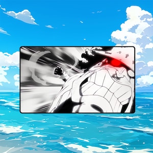 May include: A monochrome manga-style illustration of a character mid-action, featuring a red glowing eye. The character is throwing a punch, with motion lines indicating speed. The background shows a blue sky and ocean.