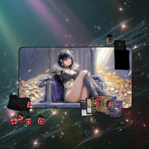 Rev, tapis de jeu extracteur de dîme | Scène du trône fantastique avec un trésor | Tapis JCC haut de gamme pour les joueurs de cartes
