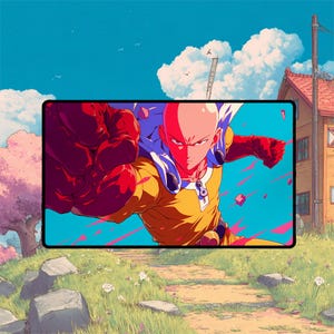 Peut inclure: Illustration de style anime d'un personnage chauve et musclé en costume jaune avec une cape blanche, donnant un coup de poing. Le fond présente un ciel bleu avec des nuages, un chemin et une maison.