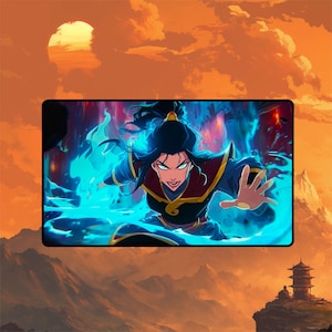 May include: A rectangular mousepad featuring a character from an animated series. The character is depicted with long black hair, wearing a dark outfit with gold accents, and surrounded by blue flames. The background shows a sunset over mountains.