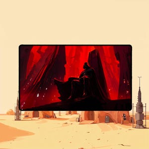 Könnte beinhalten: Schwarzes und rotes Star Wars-Mauspad mit Darth Vader auf einem Thron. Der Hintergrund ist eine feurige rote Landschaft mit hohen, dunklen Strukturen. Die Szene spielt auf einem Wüstenplaneten mit beigen Gebäuden.