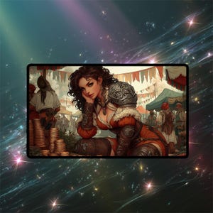 May include: An artistic rendering of a woman in a medieval setting. She wears a red and brown dress with silver armor on her shoulder. Stacks of gold coins are in the foreground, with a bustling marketplace in the background.