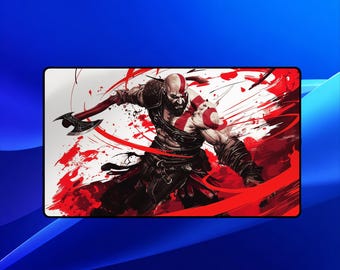 Kratos Playmat | Magic the Gathering Playmat | Axe Strike Blood Swirl Art With MTG Zones