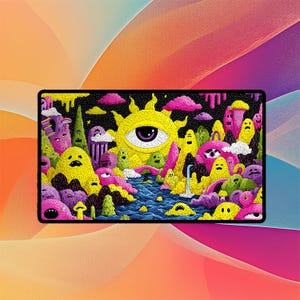May include: A colorful, surreal illustration featuring a landscape with yellow, pink, and green creatures. A large yellow eye-shaped sun dominates the scene, with a river and bridge. The artwork has a whimsical, cartoonish style.