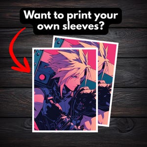 May include: Two prints featuring a character with spiky blonde hair, blue eyes, and a black outfit. The prints have a pink and purple color scheme. The text "Want to print your own sleeves?" is at the top.
