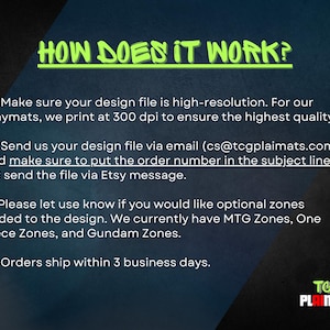 May include: Image with text: "HOW DOES IT WORK?" Instructions for submitting design files for playmats, including email address and file resolution details. Includes information about optional zones and the brand logo.