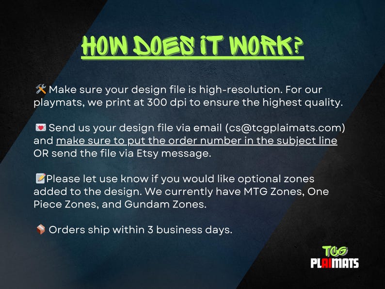 May include: Image with text: "HOW DOES IT WORK?" Instructions for submitting design files for playmats, including email address and file resolution details. Includes information about optional zones and the brand logo.